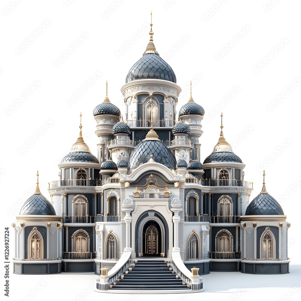 Obraz premium Beautiful and magnificent 3D cartoon palace, on a white background, generative AI