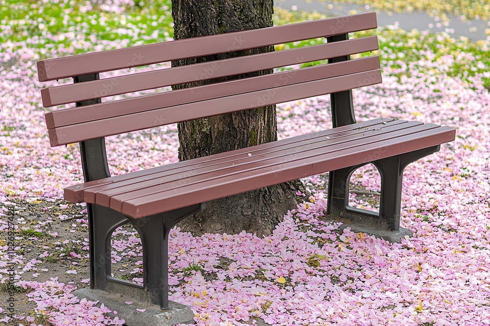 Springtime Park Bench A wooden park bench under a flowering tree, surrounded by fallen petals. Springtime Park Bench A wooden park bench under a flowering tree, surrounded by fallen petals.