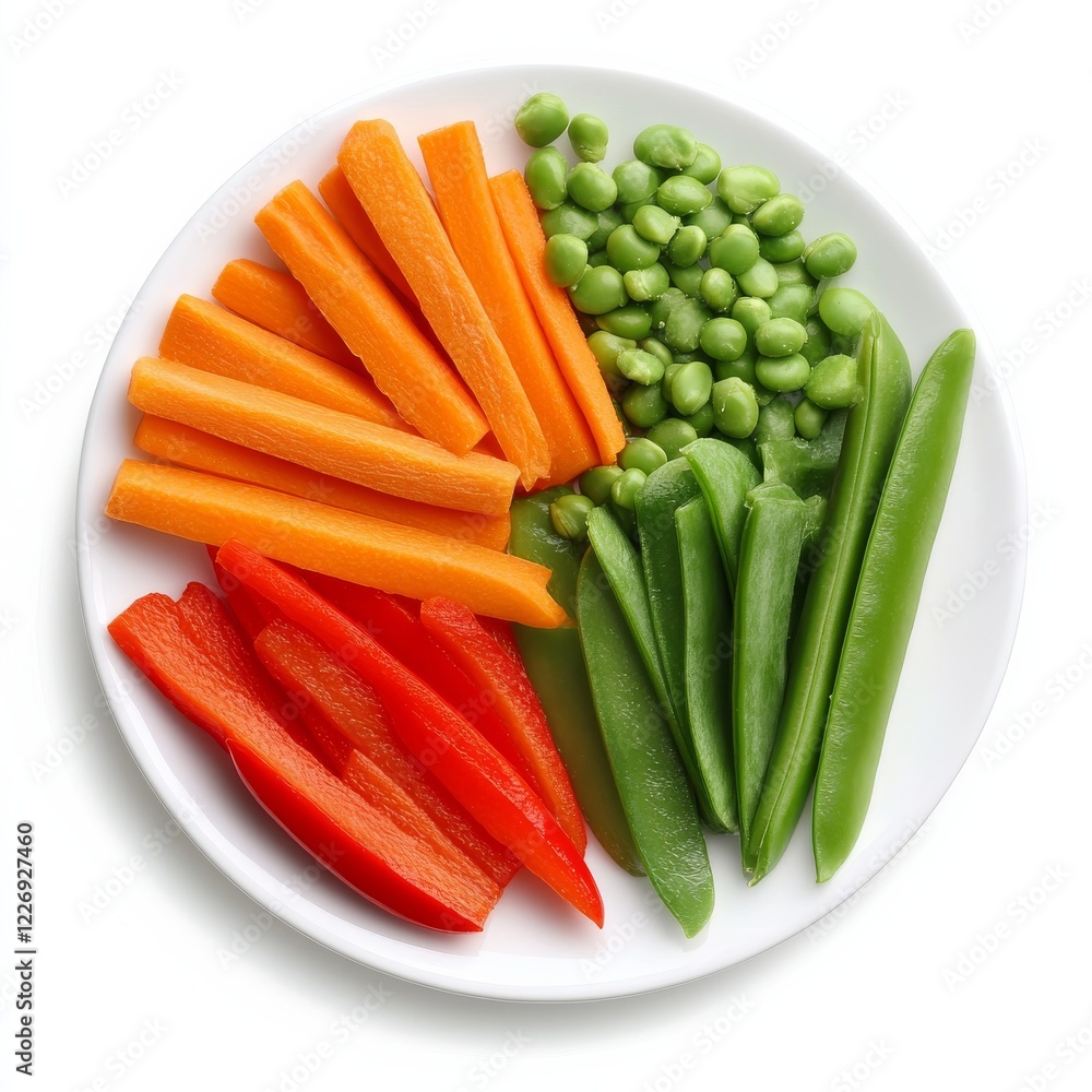 A crisp veggie platter with assorted bell pepper slices, carrot sticks, and snap peas A crisp veggie platter with assorted bell pepper slices, carrot sticks, and snap peas