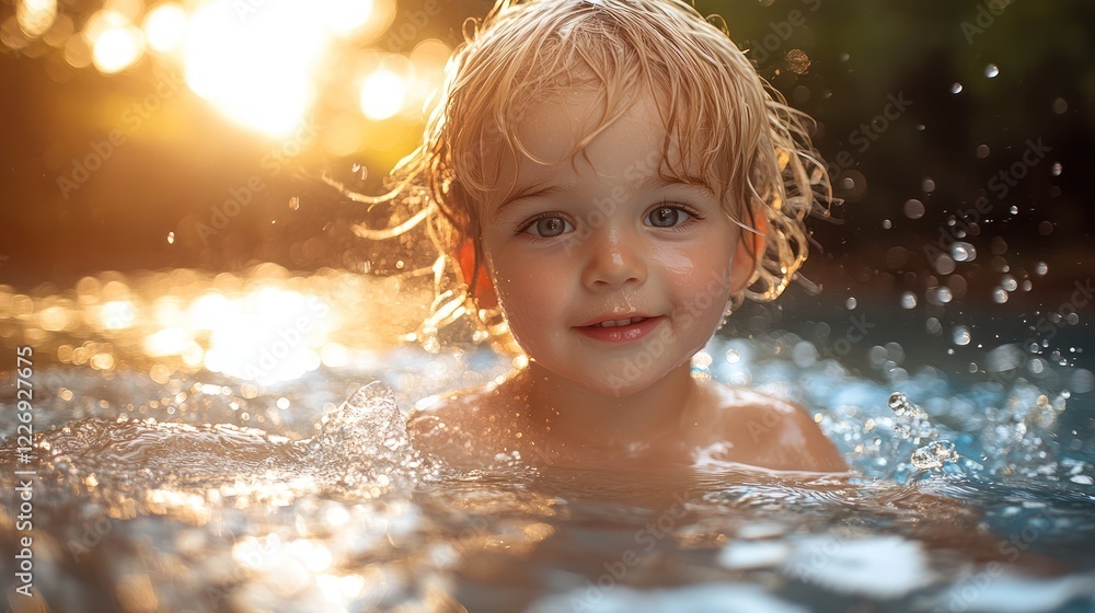 Child splashes in pool at sunset Child splashes in pool at sunset