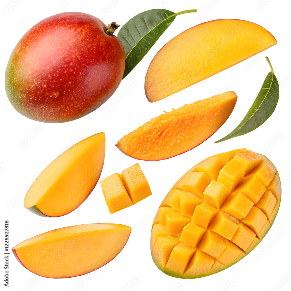 Fototapeta premium Fresh mango slices and a whole mango with green leaves displayed artistically on a white background