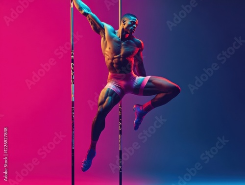 Dynamic Pole Vaulter Artistic Arena Sports Photography Colorful Fauvist Background Upward Perspective Vibrant Athleticism photo