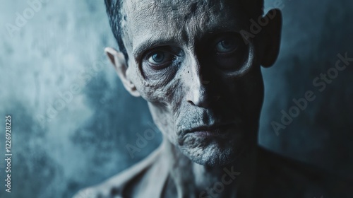 Portrait of gaunt man with intense eyes in dark setting