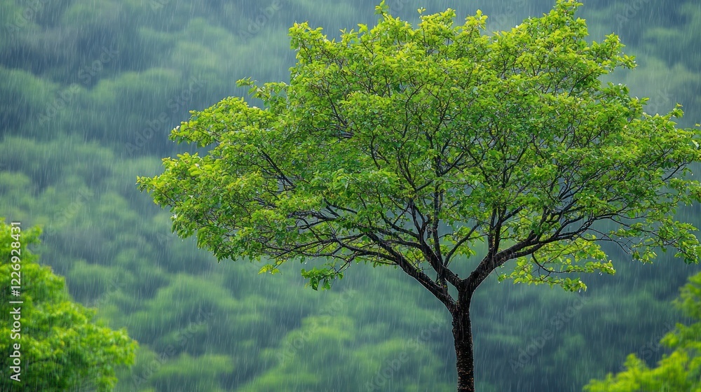 Rain-soaked tree on hillside, lush forest background, nature scene Rain-soaked tree on hillside, lush forest background, nature scene