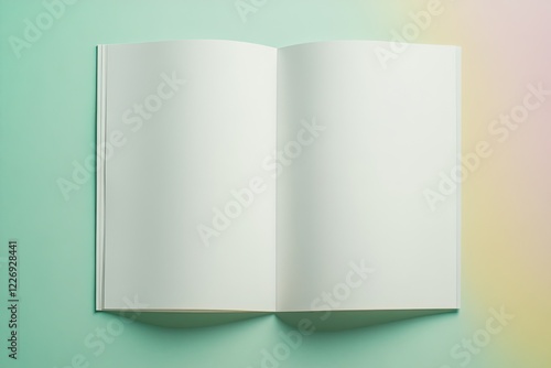 stylish flat-lay view of blank brochure open to its inner panels positioned over muted pastel surface photo