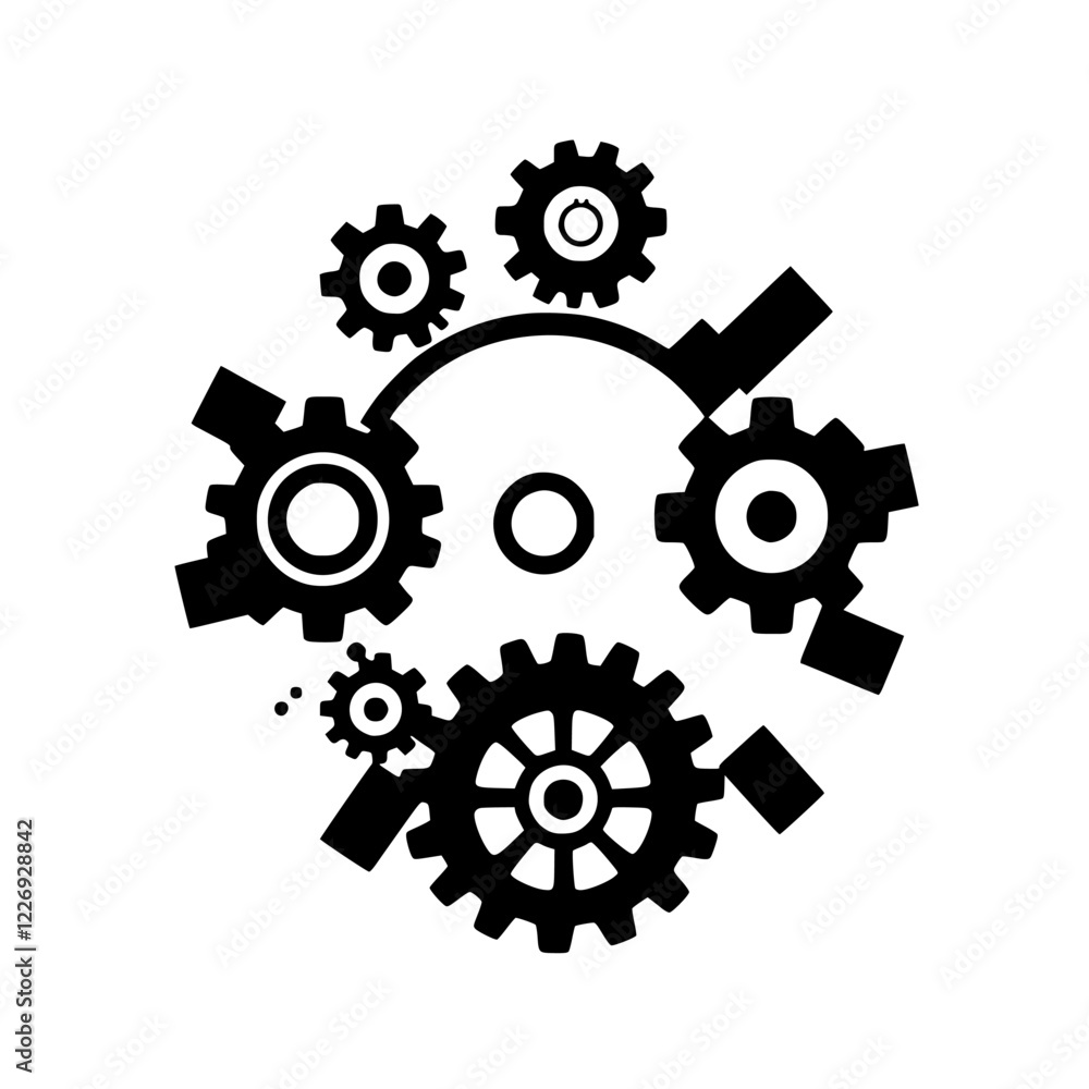 Abstract Gear System: Interlocking Cogs and Wheels in Black and White. A Digital Illustration of Industrial Technology and Engineering Design. Abstract Gear System: Interlocking Cogs and Wheels in Black and White. A Digital Illustration of Industrial Technology and Engineering Design.