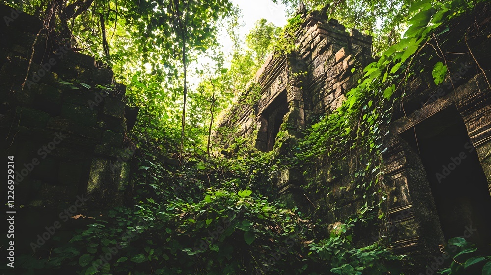 Lush green jungle ruins, dense foliage surrounding ancient stone structures, vibrant nature, perfect for exploration themes. Lush green jungle ruins, dense foliage surrounding ancient stone structures, vibrant nature, perfect for exploration themes.