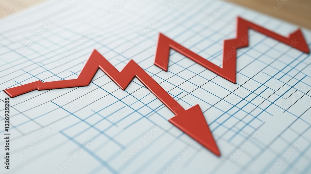 Dramatic Red Arrow Graph Declining on Grid Paper, a Loss and Failure concept Dramatic Red Arrow Graph Declining on Grid Paper, a Loss and Failure concept