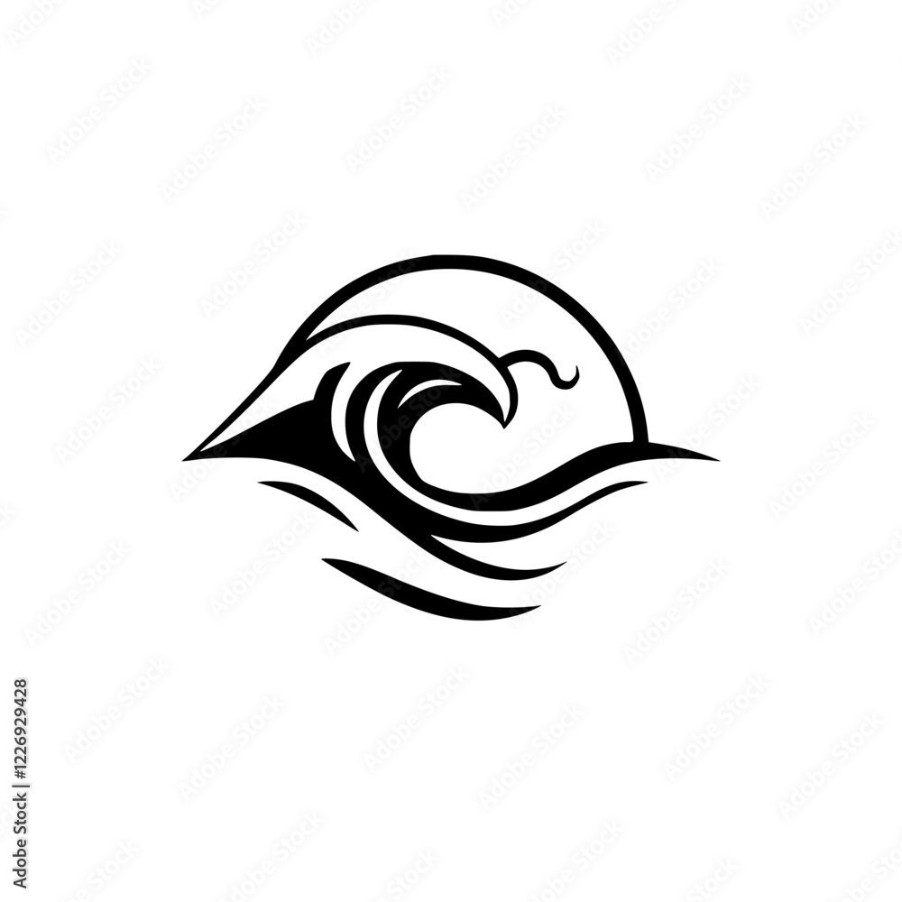 Ocean Wave with Sun Abstract Minimalist Design.  A stylized black and white illustration of a powerful wave and a sun, perfect for branding, logos, or prints.