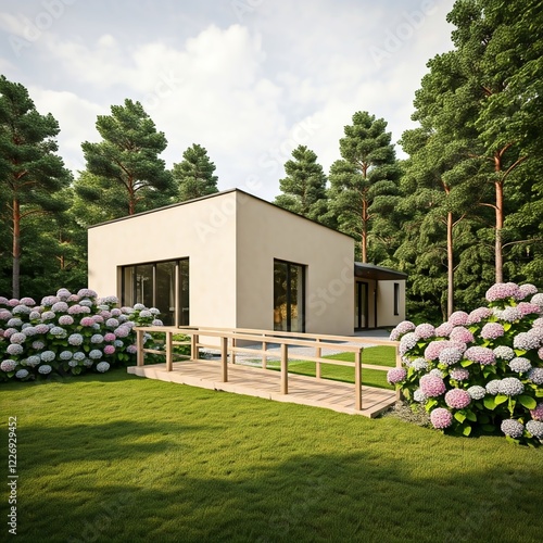 A modern country house with a flat roof, large glass windows and beige walls. It is surrounded by a lush green garden, flowering bushes and has a wooden ramp that is convenient for wheelchairs.