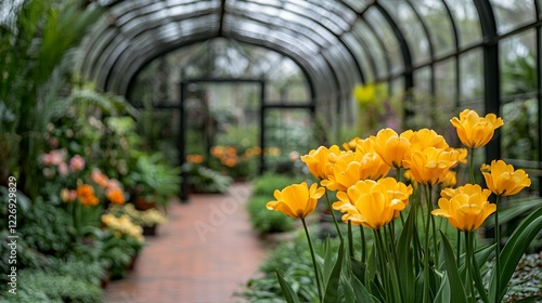 Yellow tulips in a greenhouse walkway