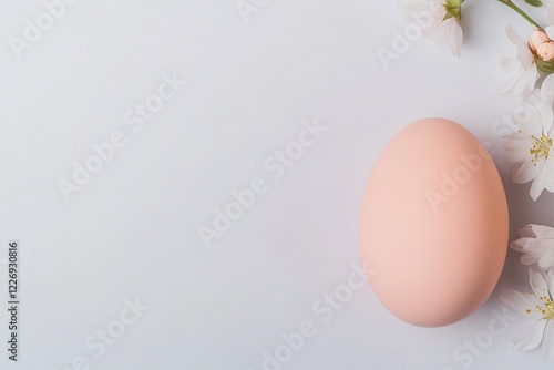 pastel peach easter egg resting among fresh spring blossoms on neutral white background with soft light