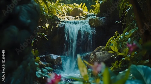 Lush waterfall cascading in tropical forest, vibrant greenery surrounding serene water, ideal for nature themes, relaxation.