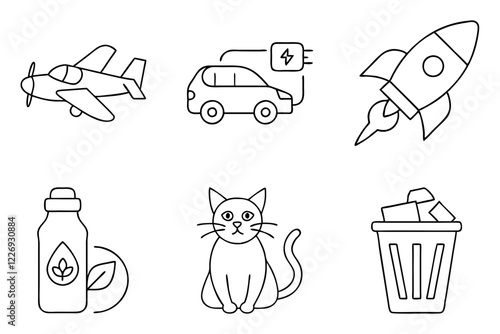 Line art illustrations of various objects and animals