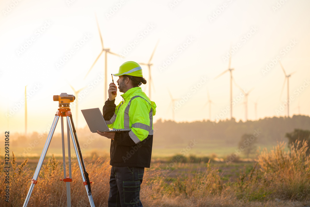 custom made wallpaper toronto digitalEngineer with laptop survey work in wind turbine farms rotation to generate electricity energy. Maintenance engineer working in wind turbine farm at sunset.