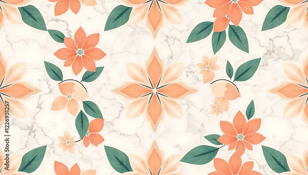 Peach Floral Pattern on Marble Background Peach Floral Pattern on Marble Background