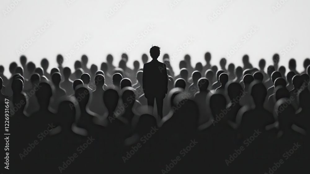 Obraz premium Colorful silhouette pf person standing in monochrome crowd of different people,surreal unique and different concept,loneliness in society,shadow,freedom,Love,be yourself,Stand out from the crowd.