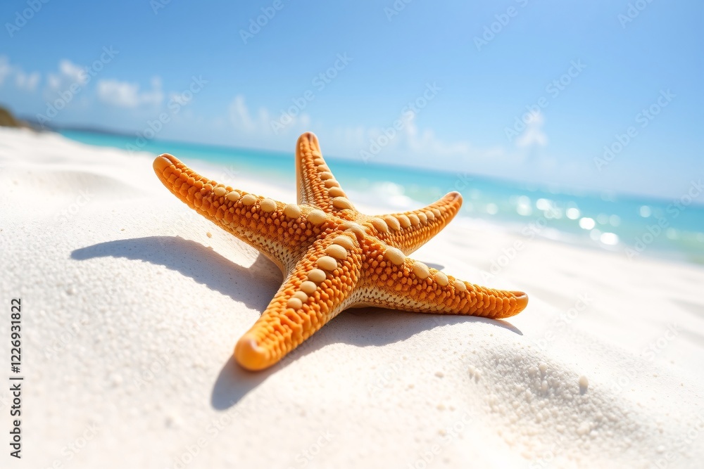 Vivid orange starfish resting on a sunny white sandy beach with clear blue ocean backdrop, evoking tropical relaxation and sea life beauty. Vivid orange starfish resting on a sunny white sandy beach with clear blue ocean backdrop, evoking tropical relaxation and sea life beauty.