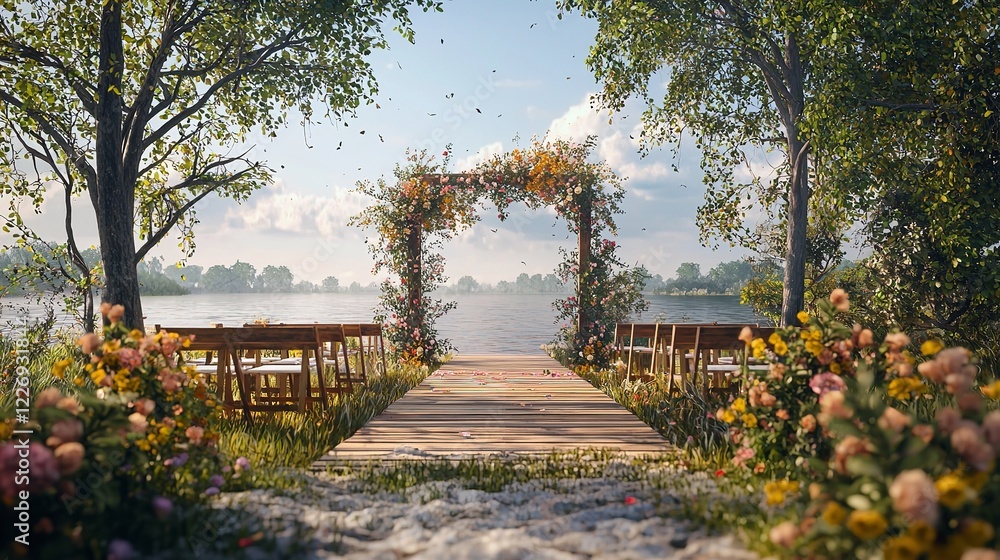 Fototapeta premium Wedding by the river, beach wedding venue, wooden setup