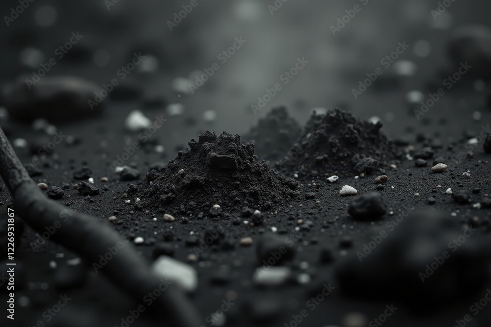 A close-up of nuclear ash settles on a charred surface, revealing intricate textures and particles in a stark, monochrome environment. The scene conveys a haunting sense of destruction and loss A close-up of nuclear ash settles on a charred surface, revealing intricate textures and particles in a stark, monochrome environment. The scene conveys a haunting sense of destruction and loss