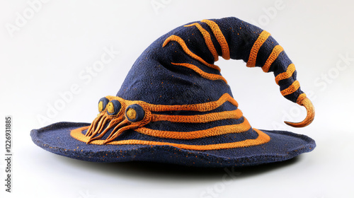 Halloween holiday witch hat. Isolated cartoon vector vibrant blue wizard cap with orange stripes and claw-like decorations around the brim. spooky and playful headwear for halloween and fantasy party photo