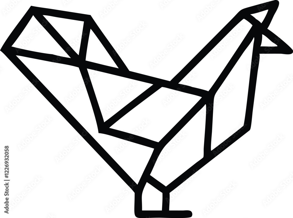 Minimalist rooster design, geometric shapes, black and white illustration, angular lines, origami-inspired, abstract bird silhouette, simple contours, stylized farm animal, clean vector graphic, moder Minimalist rooster design, geometric shapes, black and white illustration, angular lines, origami-inspired, abstract bird silhouette, simple contours, stylized farm animal, clean vector graphic, moder