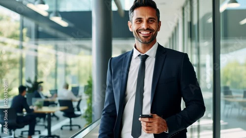Confident businessman in a modern office holding a smartphone, professional success, leadership, corporate environment, career growth, and entrepreneurship