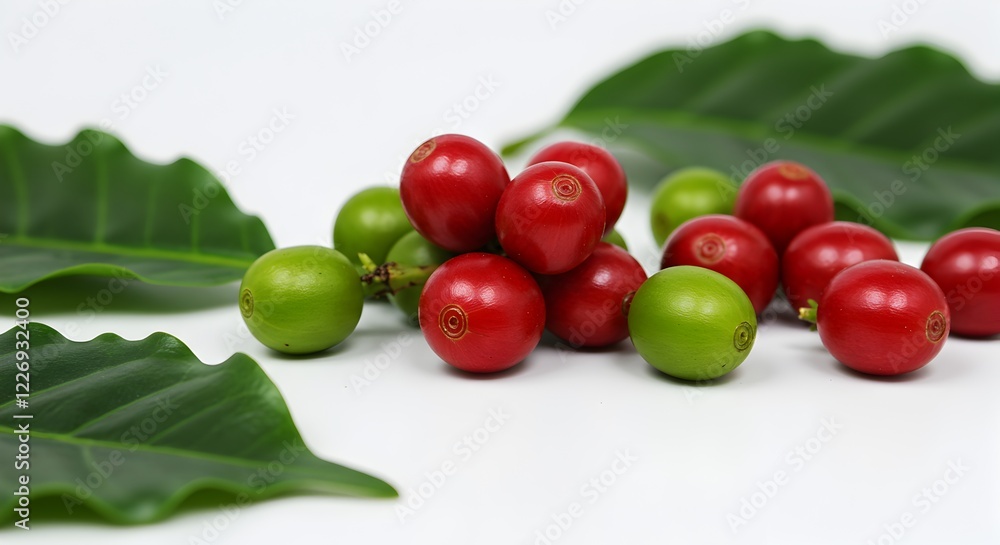 Bright Red and Green Coffee Cherries Isolated on a White Background with Leaves Bright Red and Green Coffee Cherries Isolated on a White Background with Leaves