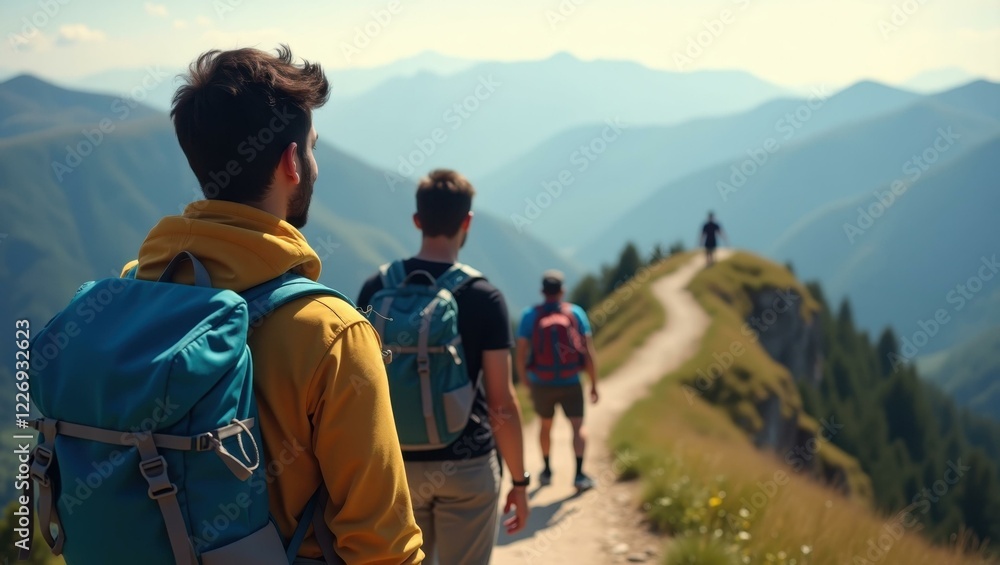 Obraz premium Men are hiking up mountain trail with backpacks