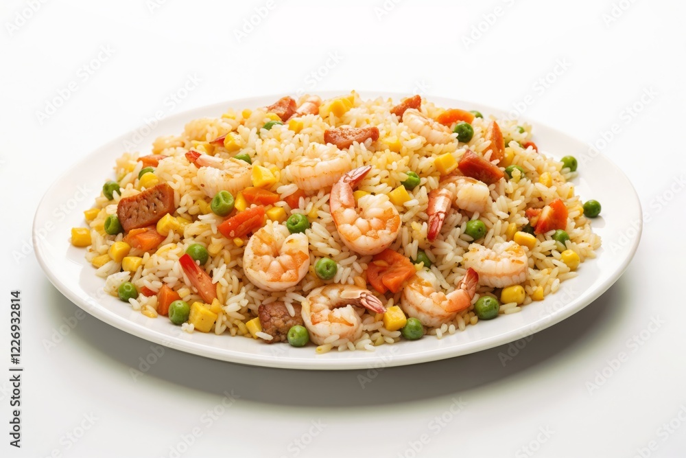 Fried rice with shrimp, vegetables, spices, mixed with vibrant vegetables, served on a white plate. Asian cuisine menus, food photography, and cooking blogs showcasing vibrant meals. Vibrancy. Culina
Fried rice with shrimp, vegetables, spices, mixed with vibrant vegetables, served on a white plate. Asian cuisine menus, food photography, and cooking blogs showcasing vibrant meals. Vibrancy. Culina