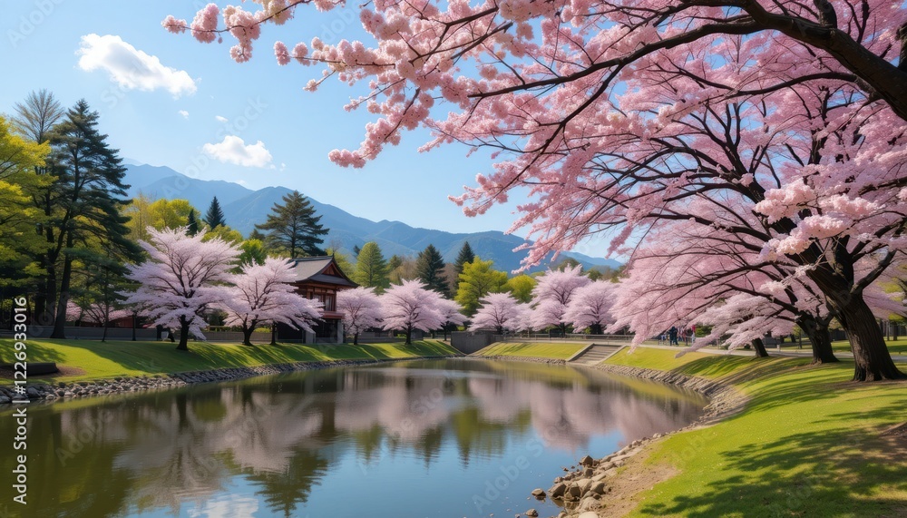 Spring Cherry Blossoms Reflecting on Pond, Japanese Garden Spring Cherry Blossoms Reflecting on Pond, Japanese Garden