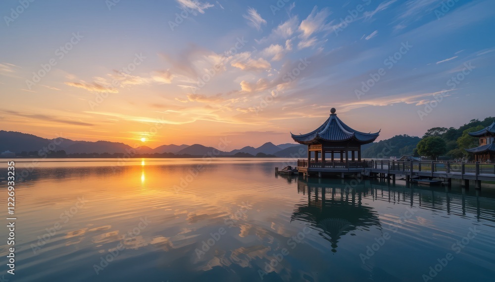 Sunrise over tranquil lake, pavilion, mountains Sunrise over tranquil lake, pavilion, mountains