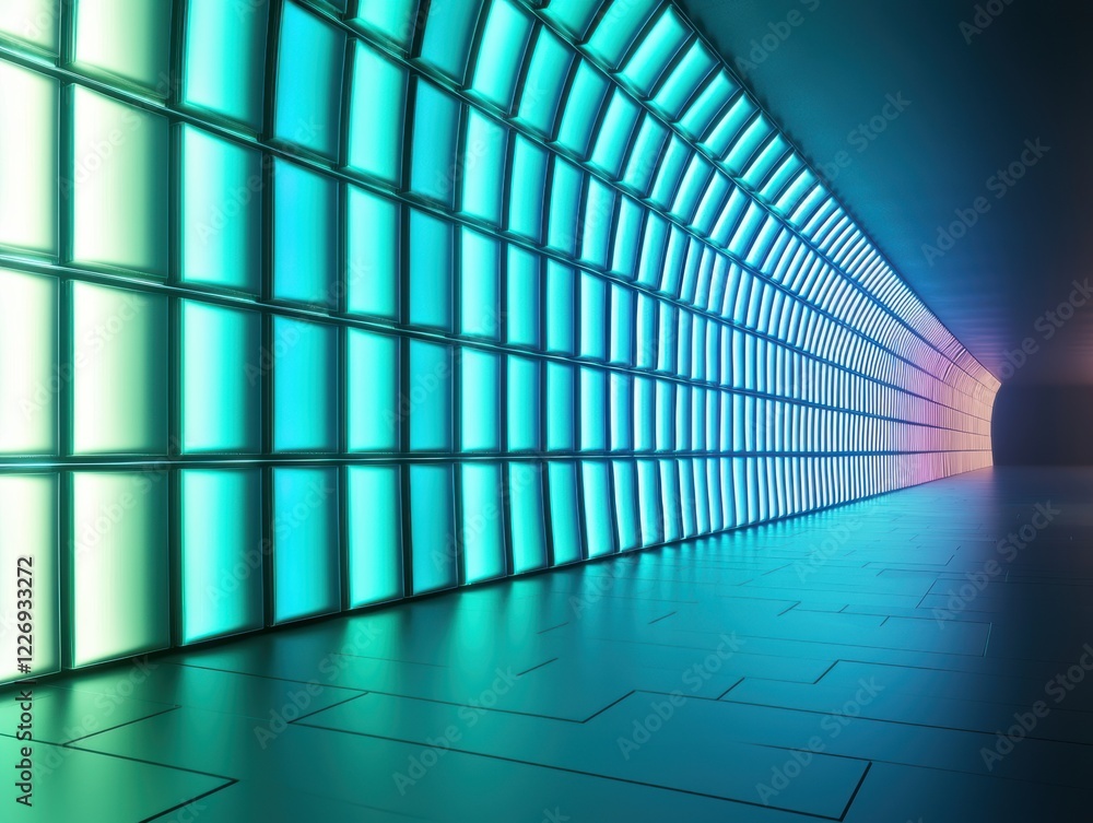 Obraz premium A futuristic 3D tunnel glowing with neon blue and green lights, with radiant translucent panels lining its walls in an abstract pathway