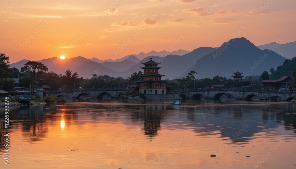 Sunset over ancient bridge and pagoda in tranquil valley Sunset over ancient bridge and pagoda in tranquil valley