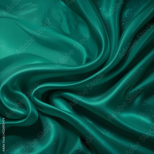 Fondo degradado verde satinado de seda brillante. Mezcla de verde azulado oscuro y esmeralda. Efecto brillo. Patrones abstractos de ondas y rayas. Sutil juego de sombras. Cortinas elegantes.