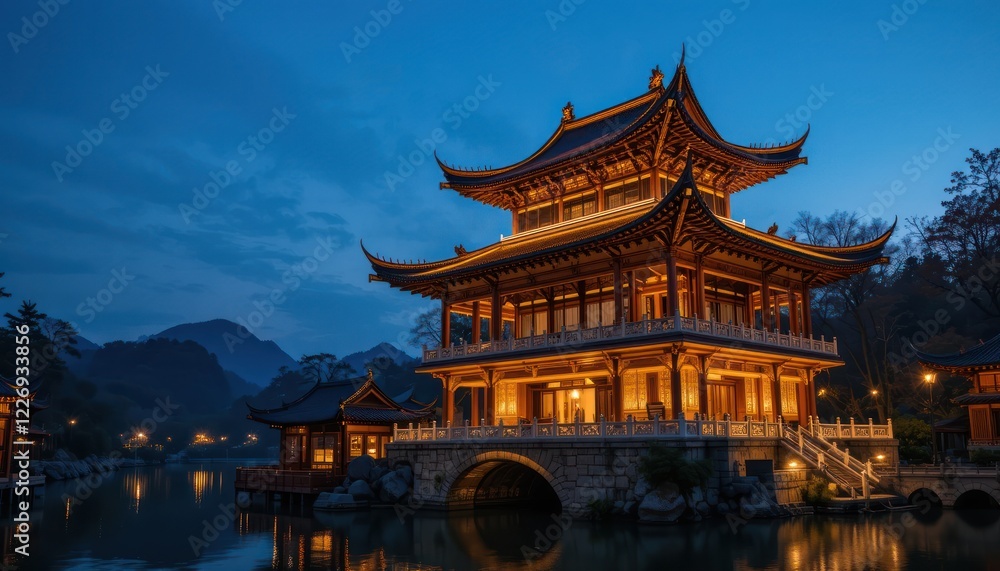 Naklejka premium Asian Pagoda at Dusk on a Lake, Illuminated, Mountains in Background. Possible use Travel, Tourism, Wallpaper