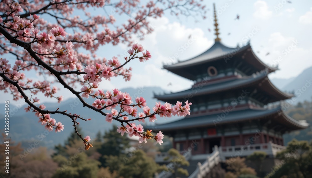 Spring Cherry Blossoms Bloom in Front of Pagoda in Japan Spring Cherry Blossoms Bloom in Front of Pagoda in Japan