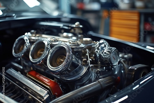 Powerful custom car engine showing velocity stacks and supercharger in garage