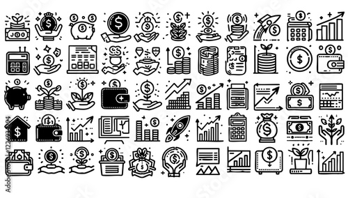 Financial and Business Icons,Various financial and business-related icons, including money, graphs, and calculators.