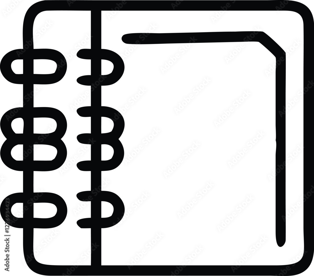 Minimalist icon, spiral notebook, square shape, black and white, simple lines, office supplies, organizational tool, flat design, vector graphic, clean aesthetic, stylized illustration, geometric shap Minimalist icon, spiral notebook, square shape, black and white, simple lines, office supplies, organizational tool, flat design, vector graphic, clean aesthetic, stylized illustration, geometric shap