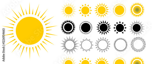 Sun icon set. Yellow sun icons. Shine sun ray set. Sunset icon collection. Yellow sun star icons vector