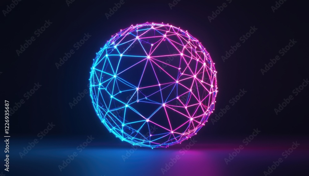 A glowing digital sphere with interconnected nodes and lines, representing a futuristic global data network