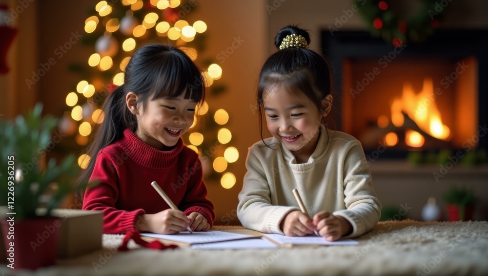 Two little girls are sitting at table writing on paper Two little girls are sitting at table writing on paper