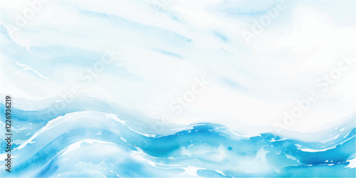 "Tropical Ocean Wave in Fluid Blue and White Watercolor: An Abstract Depiction of a Bold Tsunami Wave Splashing in Cartoon Style, Creating a Relaxing, Yet Powerful Background with Layered Oceanic Text