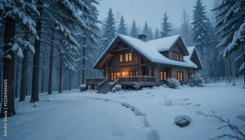 Snowy winter cabin nestled in a misty forest at twilight Snowy winter cabin nestled in a misty forest at twilight