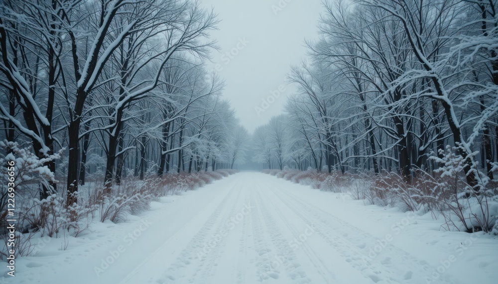 Snowy winter path through a frosty forest Snowy winter path through a frosty forest