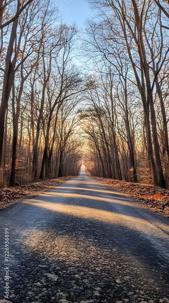 A deserted road stretching into a forest with sunlight filtering through the trees A deserted road stretching into a forest with sunlight filtering through the trees