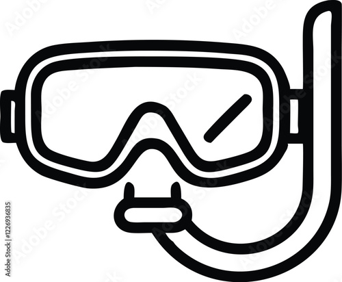 Diving mask icon, snorkel equipment, black and white illustration, simple line drawing, minimalist design, water sports gear, scuba diving symbol, aquatic activity pictogram, clear outline, vector gra