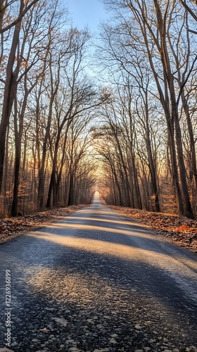 A deserted road stretching into a forest with sunlight filtering through the trees
