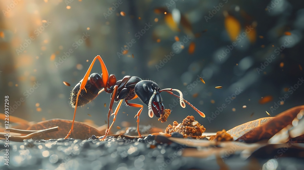 A detailed ant carrying a small piece of food on its mandibles. A detailed ant carrying a small piece of food on its mandibles.